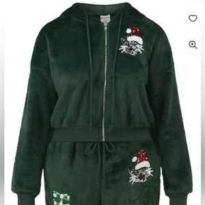 NoBo Christmas Cat Kitty Green Faux Fur Fluffy Zip-up Hoodie Junior Plus XXL 20